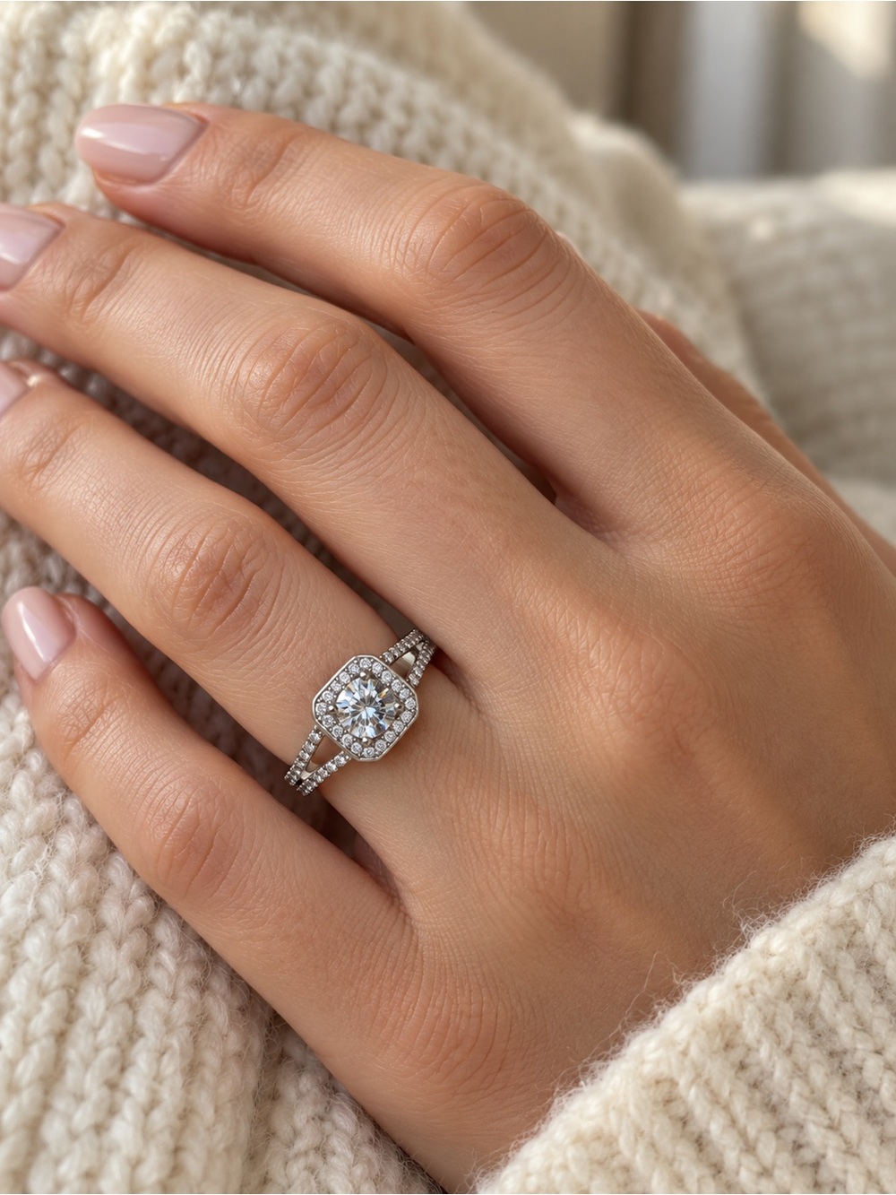 Elegant 0.78ct Moissanite Halo Engagement Ring S925 Sterling Silver GRA Cert.